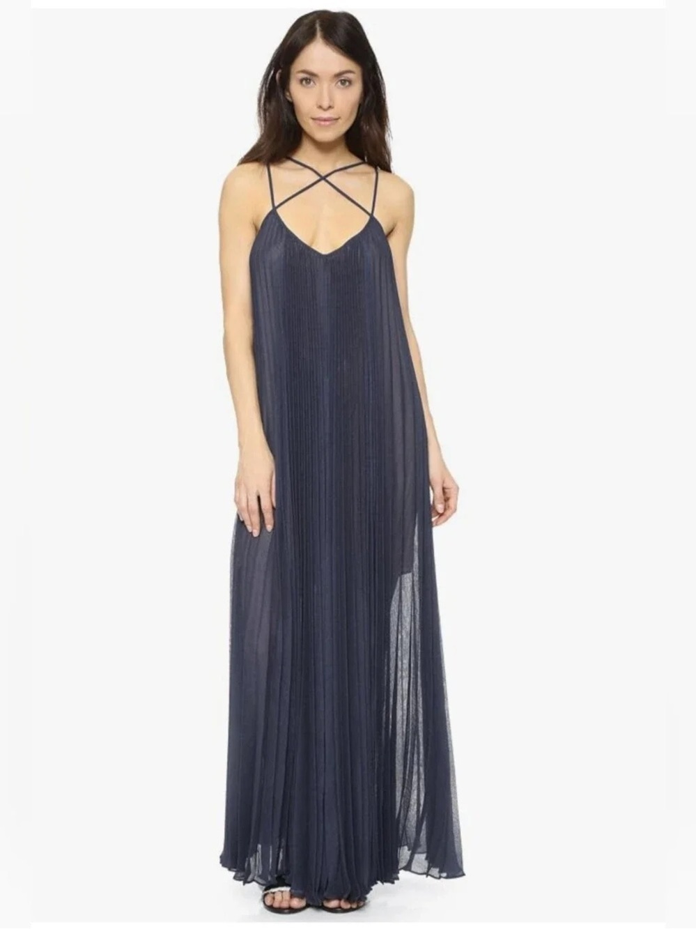 BCBG MaxAzria Navy Pleated Maxi Dress, XS
